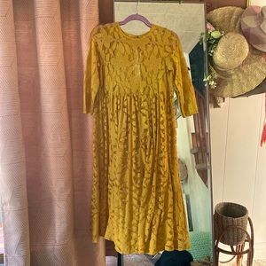 Urban Outfitters Cotton Mustard Lace 3/4 Sleeve Boho Sheer Dress XS Like New